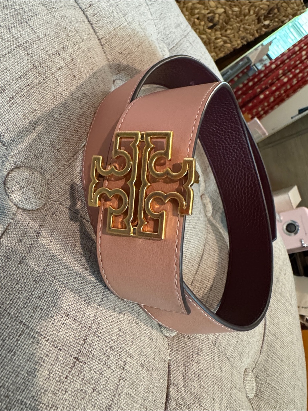 Tory Burch Dusty Pink Reversible Logo Belt with Gold Buckle Small